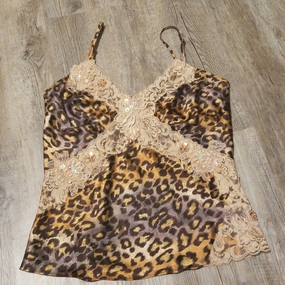 Silky detailed beaded leopard print cami sz 2